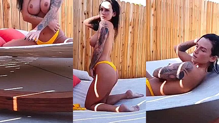 hot babe Kayla Lauren undressing her yellow bikini and showing her boobs